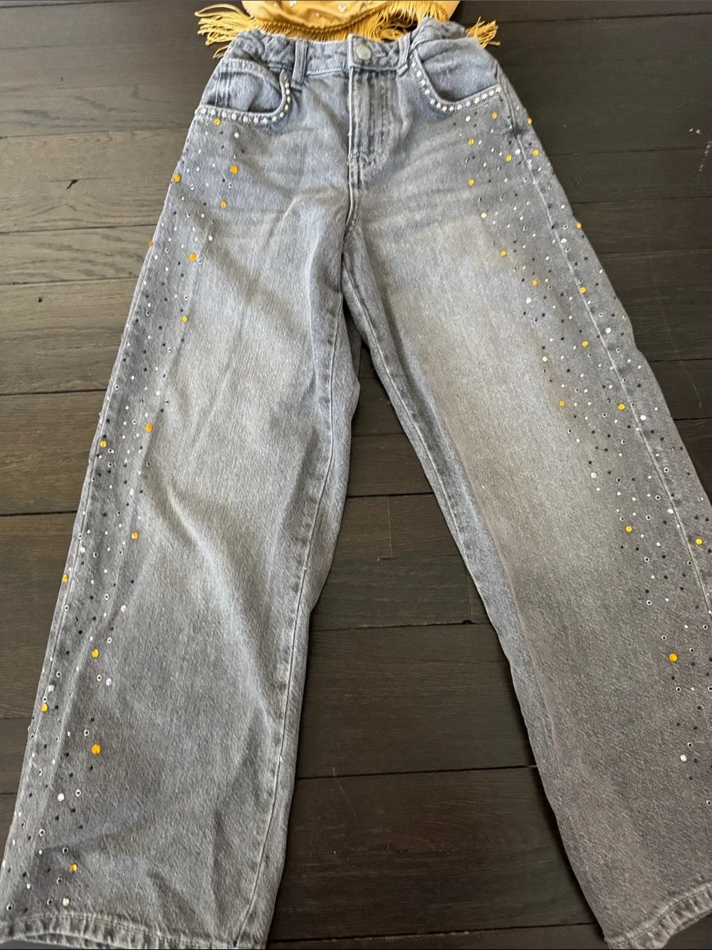 Girls' Gray Dance Costume Jeans with Yellow & White Dot Accents